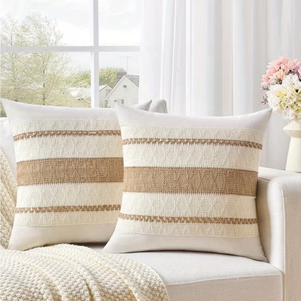 Boho Neutral Throw Pillow Covers Set | Beige Woven Farmhouse Decor - Picture 4 of 6